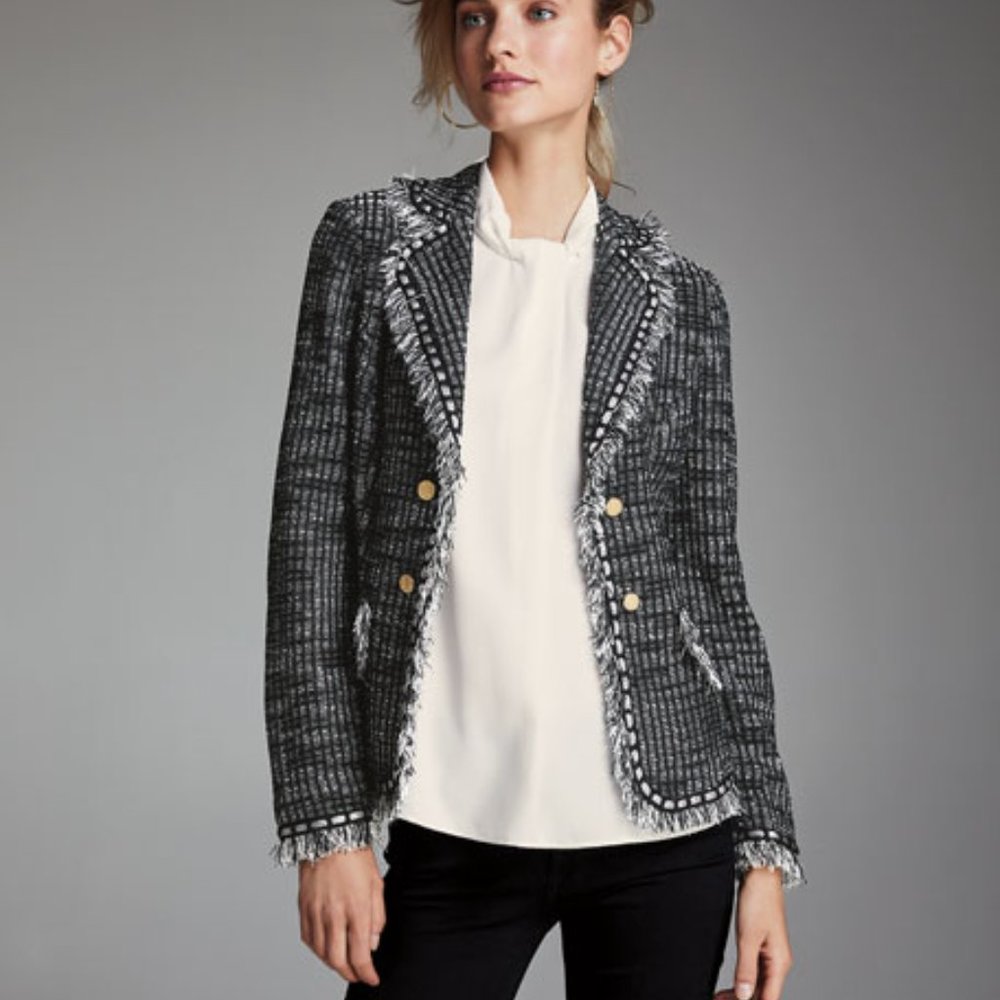 Misook Black & White Frayed Edge Tweed Open Front Jacket Size M - Picture 1 of 9